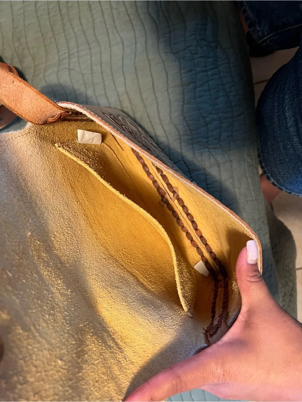 Hand-Tooled Floral Leather Crossbody Bag in Tan